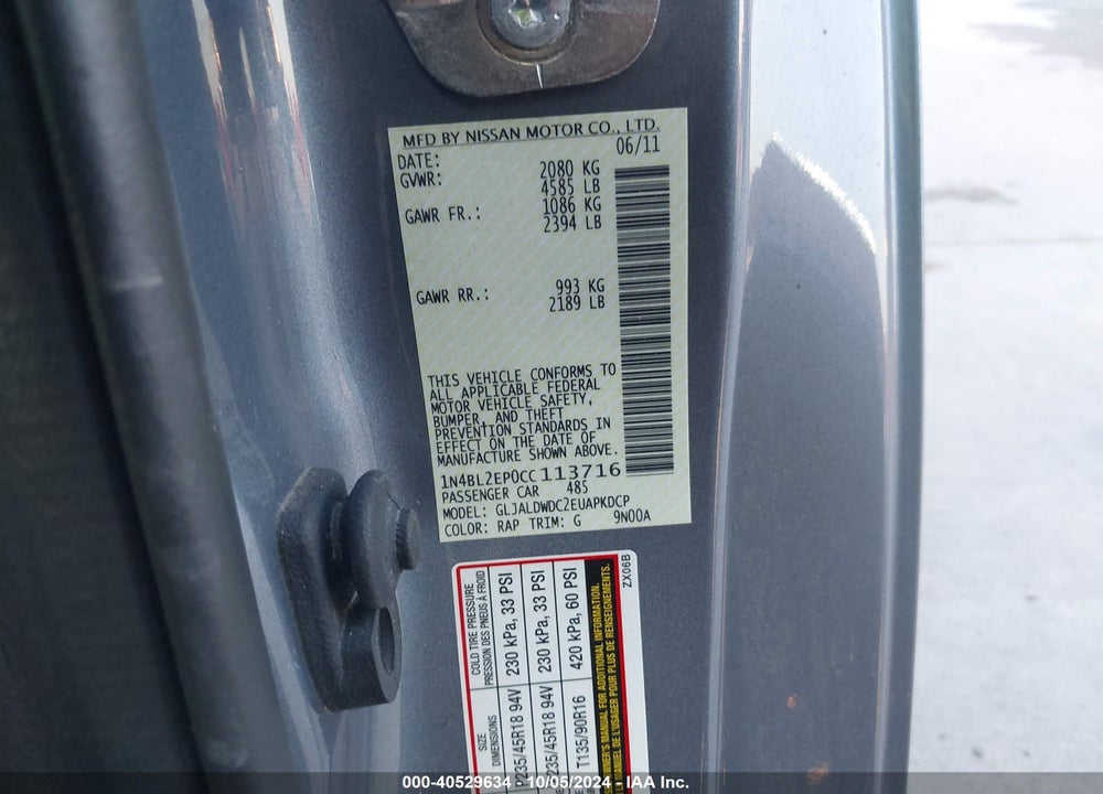 2012 NISSAN ALTIMA 3.5 SR VIN: 1N4BL2EP0CC113716