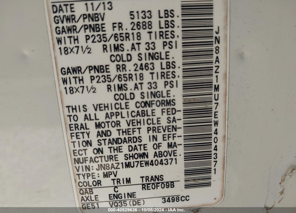2014 NISSAN MURANO SL VIN: JN8AZ1MU7EW404371