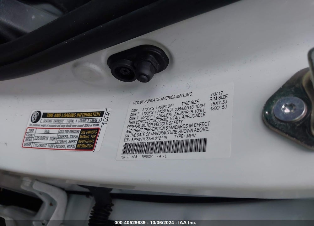 2017 HONDA CR-V EX-L/EX-L NAVI VIN: 5J6RW1H83HL012119