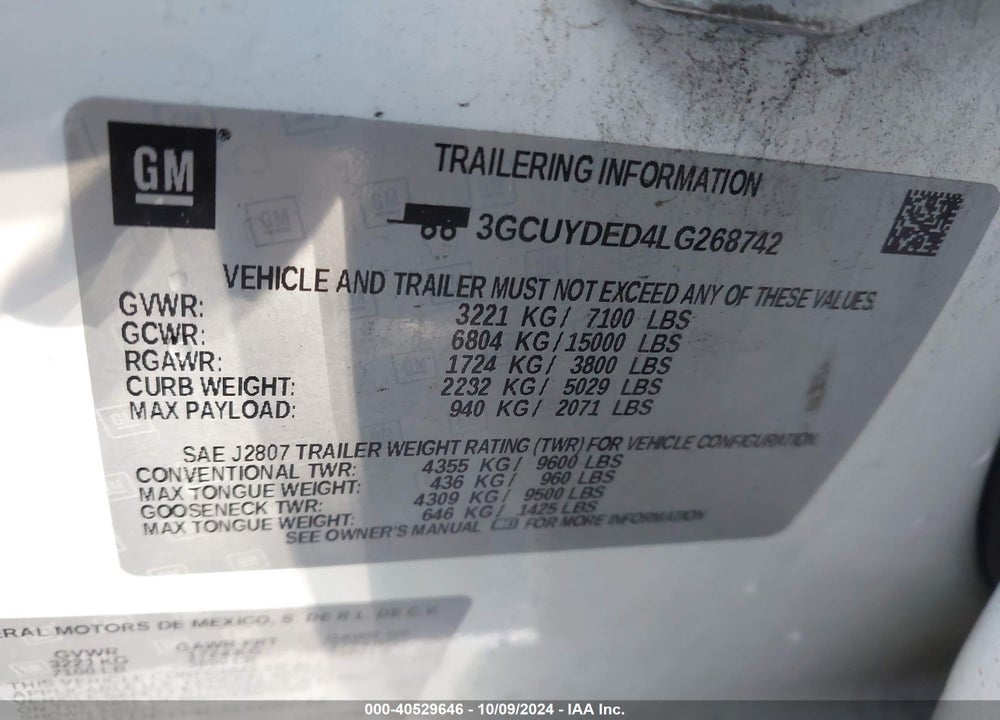 2020 CHEVROLET SILVERADO 1500 4WD SHORT BED LT VIN: 3GCUYDED4LG268742