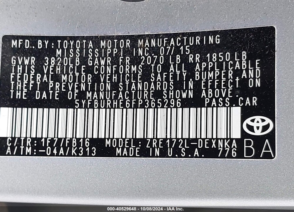 2015 TOYOTA COROLLA LE VIN: 5YFBURHE6FP365296