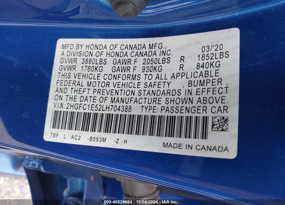 2020 HONDA CIVIC SI SEDAN VIN: 2HGFC1E52LH704388