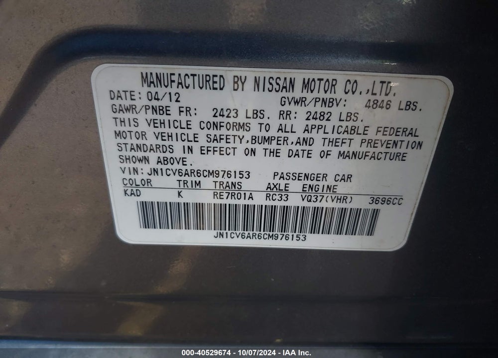 2012 INFINITI G37X VIN: JN1CV6AR6CM976153