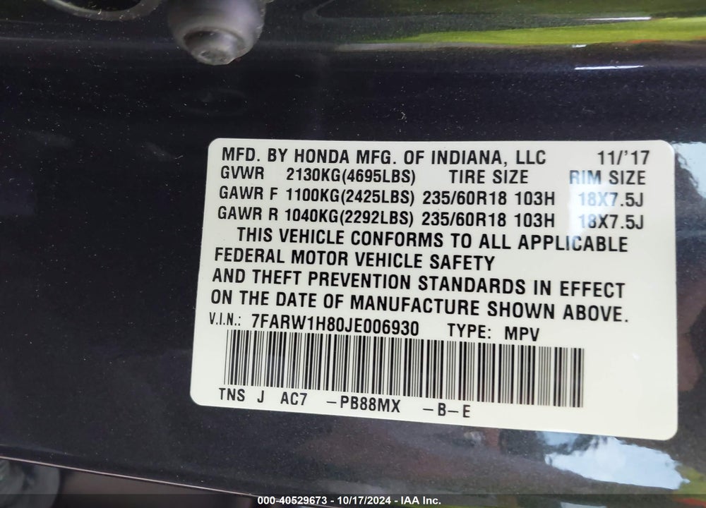 2018 HONDA CR-V EX-L/EX-L NAVI VIN: 7FARW1H80JE006930