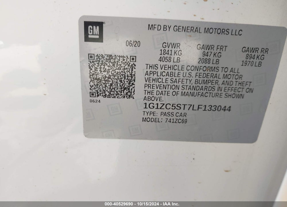 2020 CHEVROLET MALIBU FWD 1FL VIN: 1G1ZC5ST7LF133044