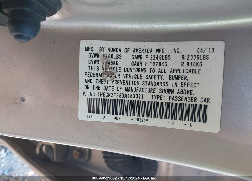 2013 HONDA ACCORD LX VIN: 1HGCR2F38DA163321