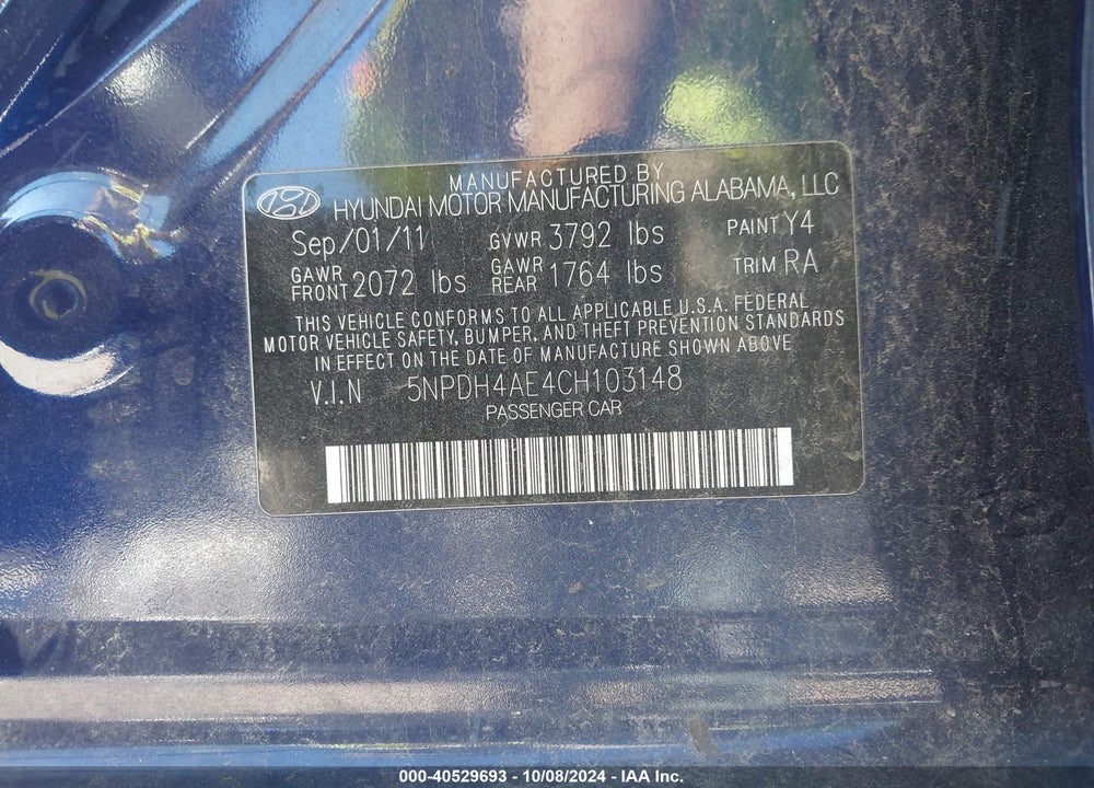 2012 HYUNDAI ELANTRA GLS VIN: 5NPDH4AE4CH103148