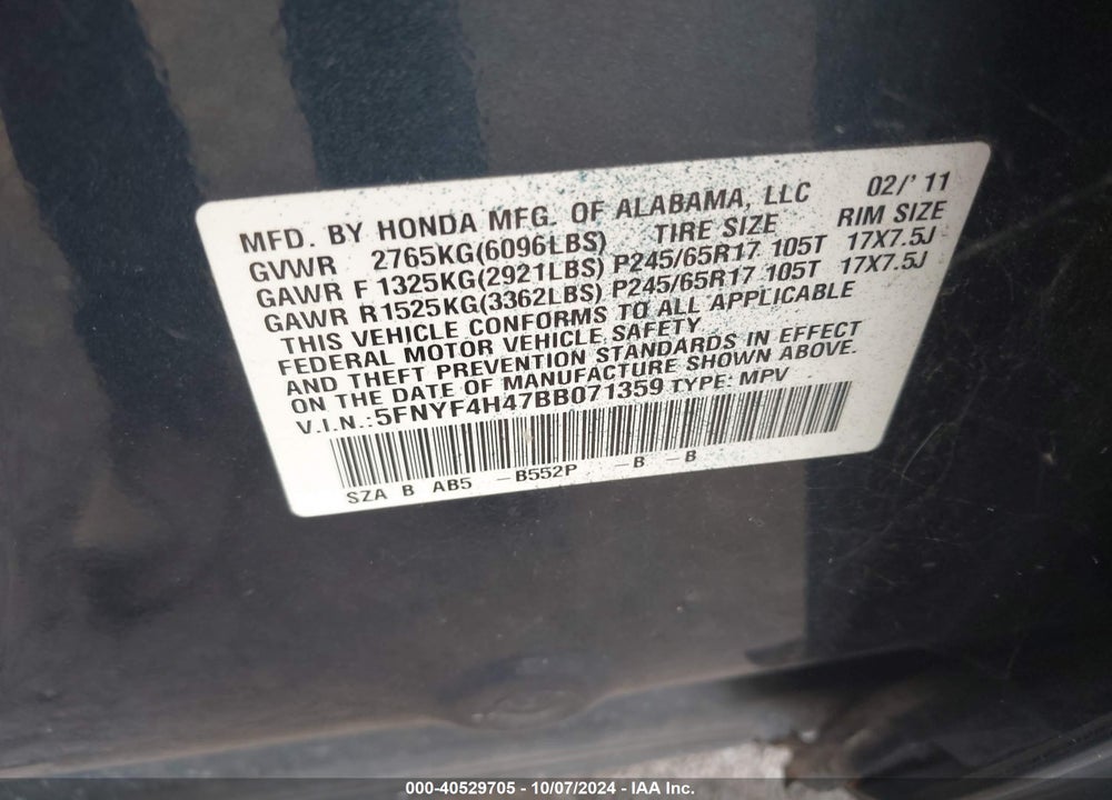 2011 HONDA PILOT EX VIN: 5FNYF4H47BB071359