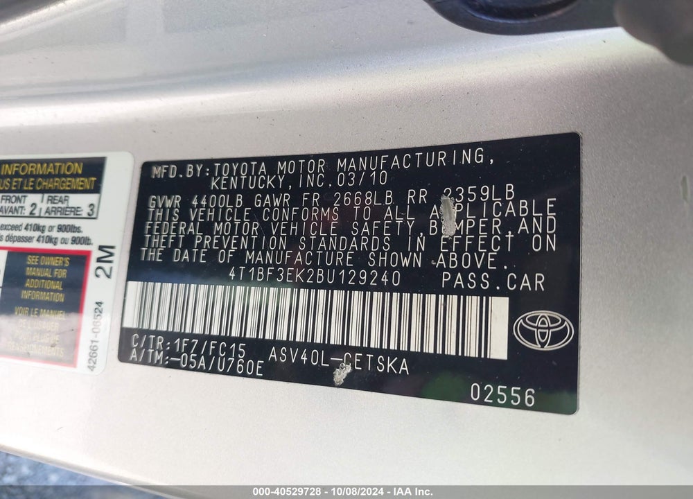 2011 TOYOTA CAMRY SE VIN: 4T1BF3EK2BU129240