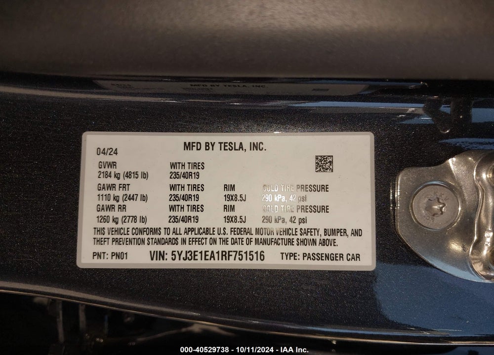 2024 TESLA MODEL 3 REAR-WHEEL DRIVE VIN: 5YJ3E1EA1RF751516