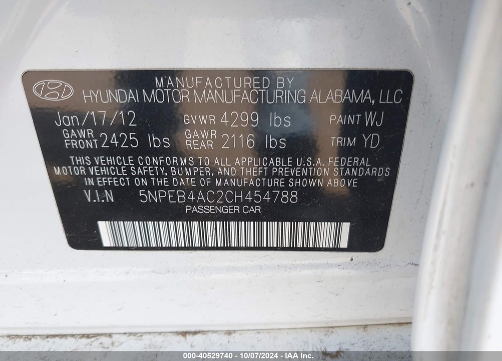 2012 HYUNDAI SONATA GLS VIN: 5NPEB4AC2CH454788