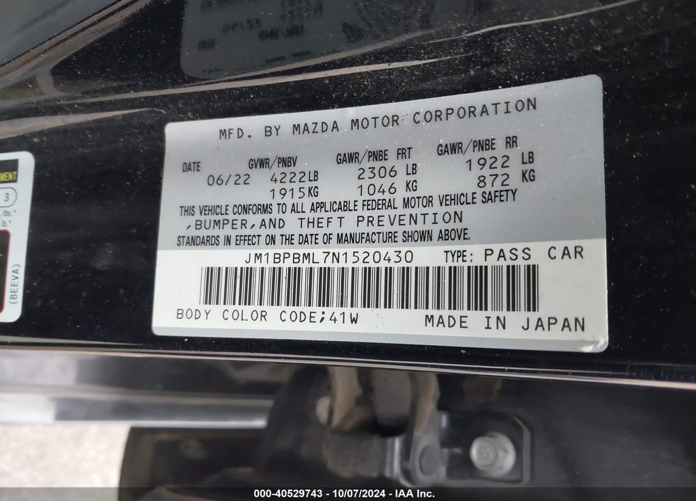 2022 MAZDA MAZDA3 VIN: JM1BPBML7N1520430
