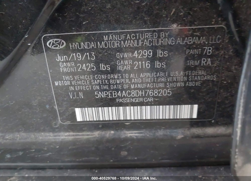 2013 HYUNDAI SONATA GLS VIN: 5NPEB4AC8DH768205
