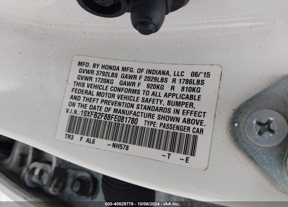 2015 HONDA CIVIC EX VIN: 19XFB2F88FE081780