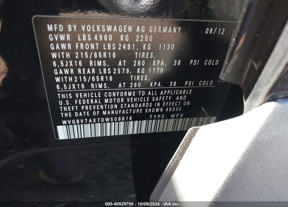 2013 VOLKSWAGEN TIGUAN S VIN: WVGBV7AX7DW508818