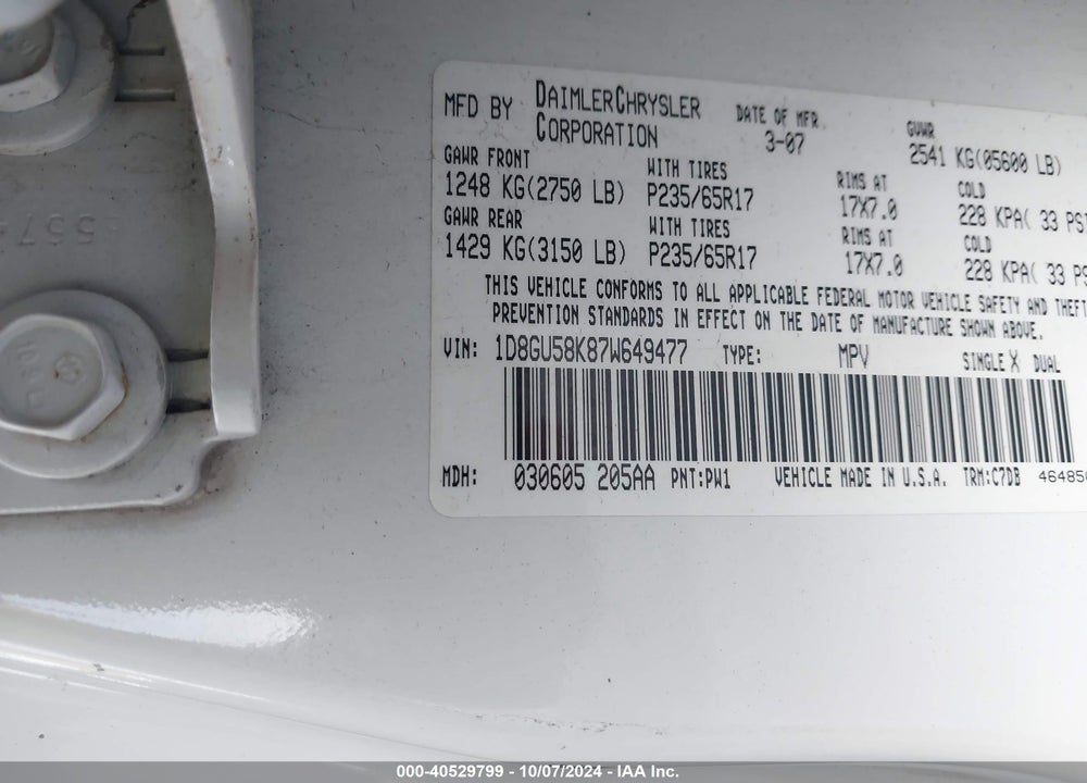 2007 DODGE NITRO SLT/RT VIN: 1D8GU58K87W649477