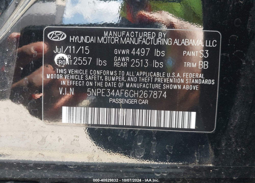 2016 HYUNDAI SONATA SPORT VIN: 5NPE34AF6GH267874