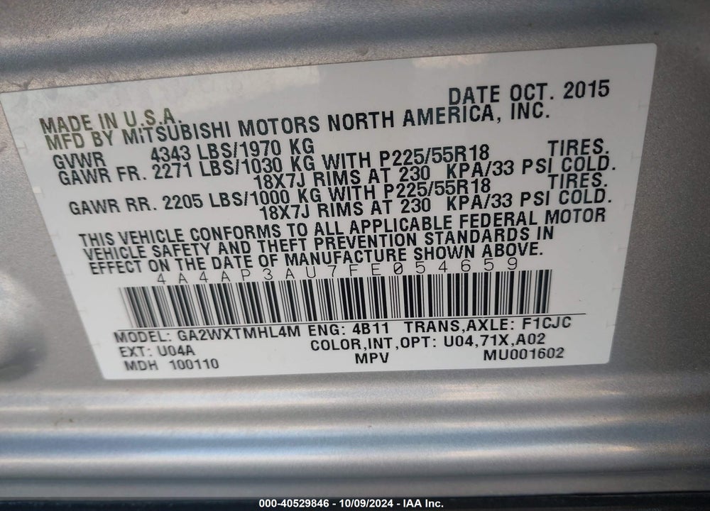 2015 MITSUBISHI OUTLANDER SPORT ES VIN: 4A4AP3AU7FE054659