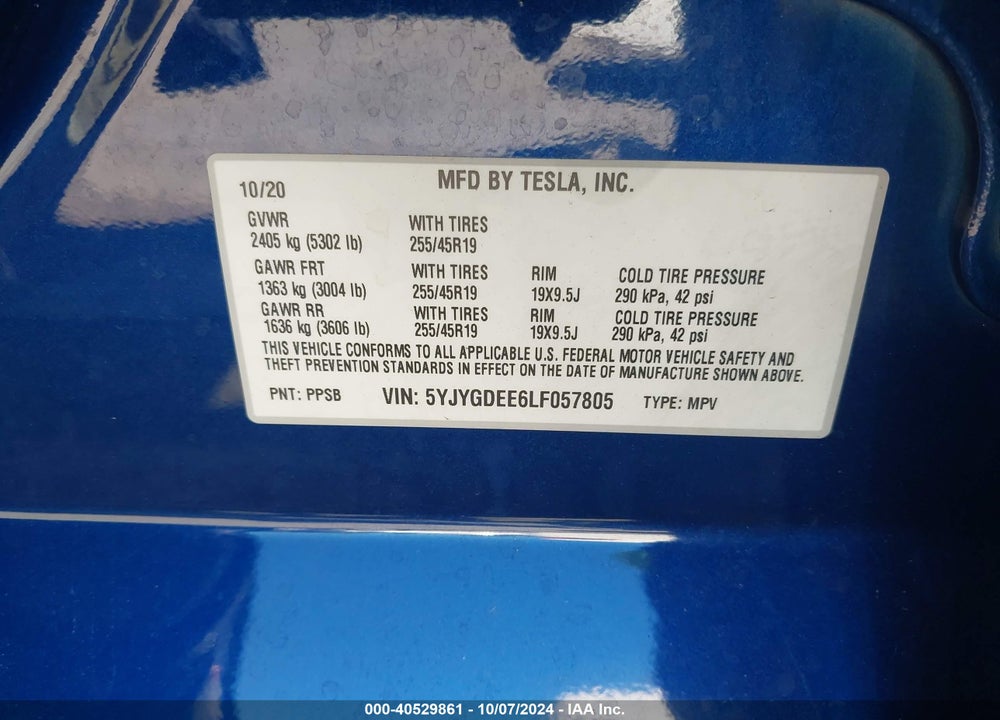 2020 TESLA MODEL Y LONG RANGE DUAL MOTOR ALL-WHEEL DRIVE VIN: 5YJYGDEE6LF057805