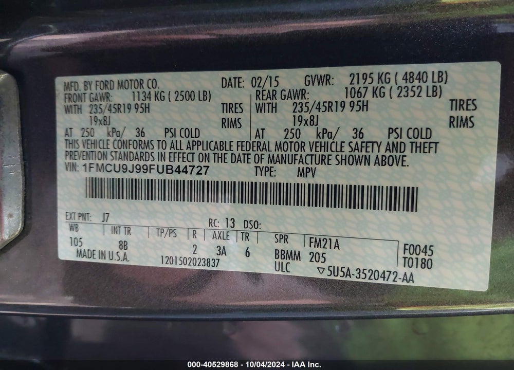 2015 FORD ESCAPE TITANIUM VIN: 1FMCU9J99FUB44727