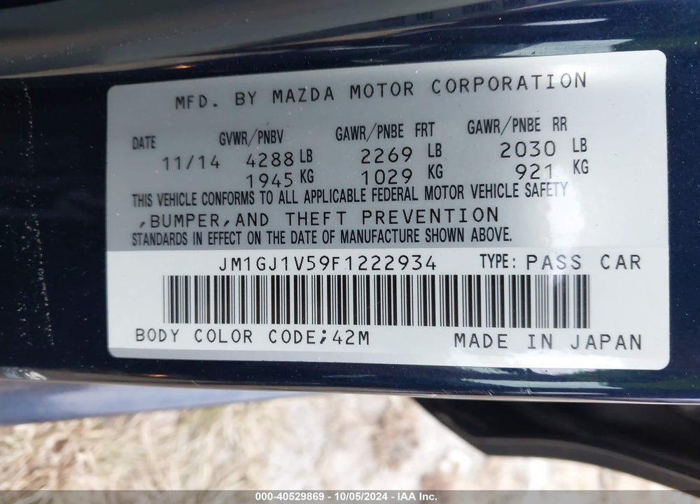 2015 MAZDA 6 I TOURING VIN: JM1GJ1V59F1222934