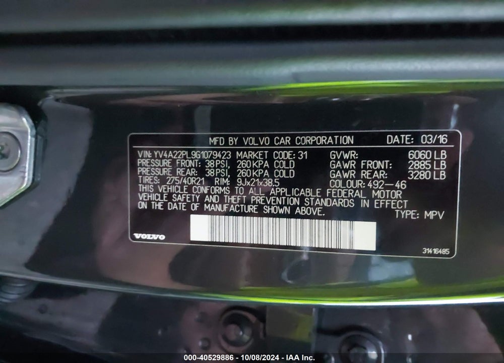 2016 VOLVO XC90 T6 INSCRIPTION VIN: YV4A22PL9G1079423