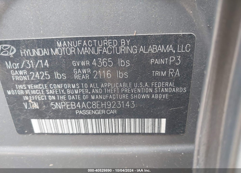 2014 HYUNDAI SONATA GLS VIN: 5NPEB4AC8EH923143