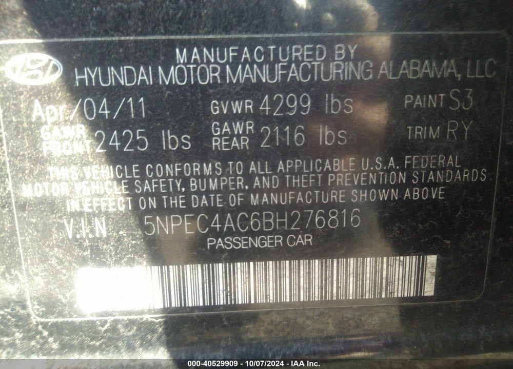 2011 HYUNDAI SONATA SE VIN: 5NPEC4AC6BH276816