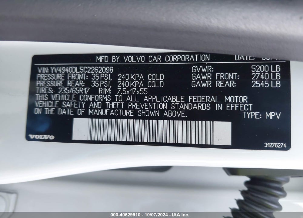 2012 VOLVO XC60 3.2 VIN: YV4940DL5C2262098