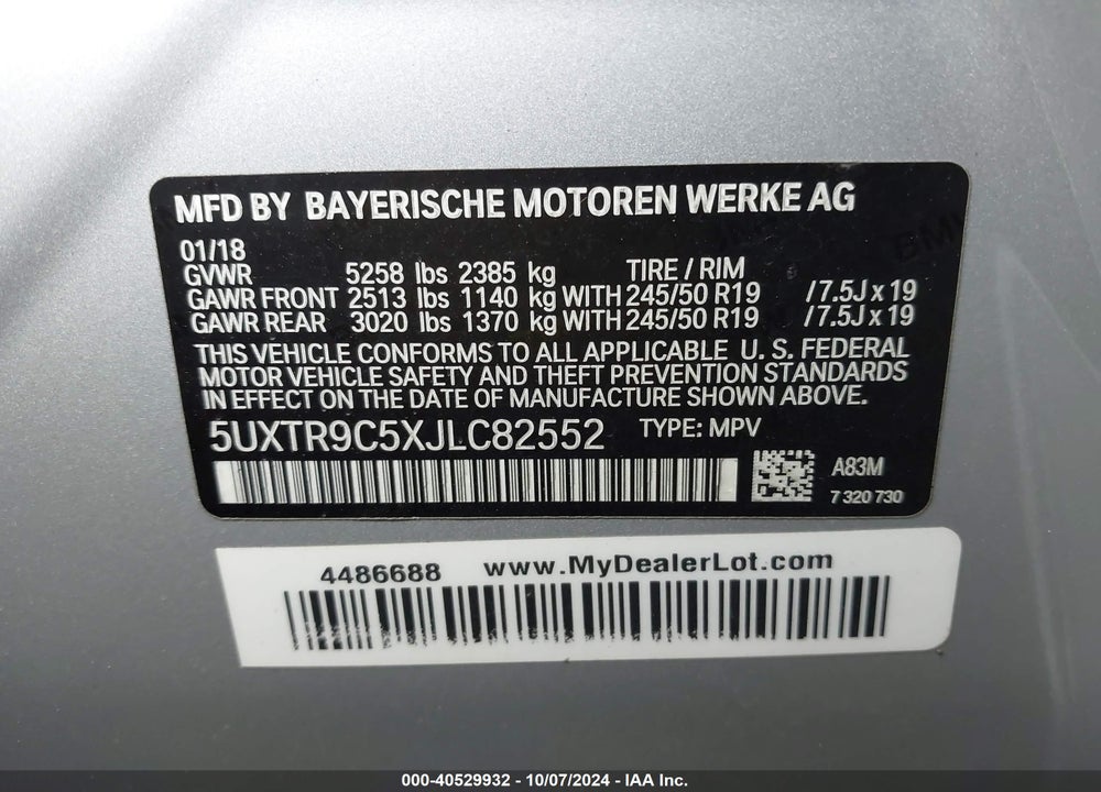 2018 BMW X3 XDRIVE30I VIN: 5UXTR9C5XJLC82552