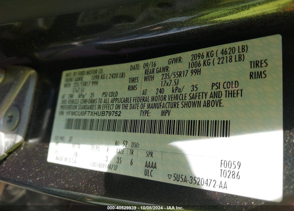 2017 FORD ESCAPE S VIN: 1FMCU0F7XHUB79752