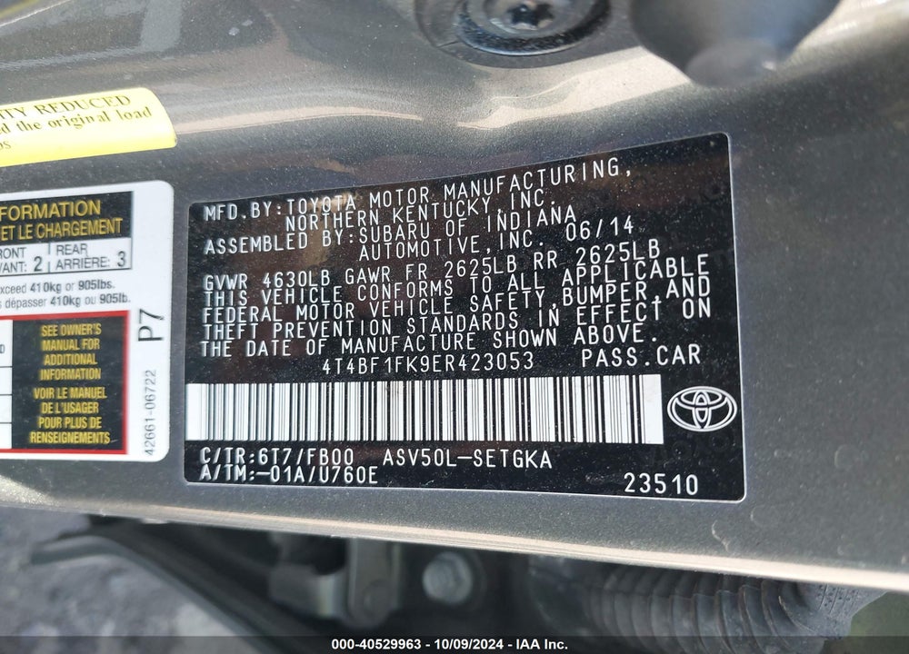 2014 TOYOTA CAMRY XLE VIN: 4T4BF1FK9ER423053