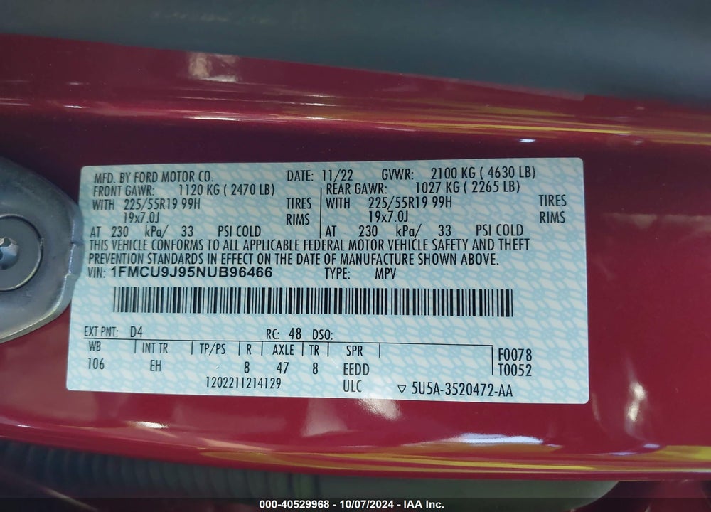 2022 FORD ESCAPE TITANIUM VIN: 1FMCU9J95NUB96466