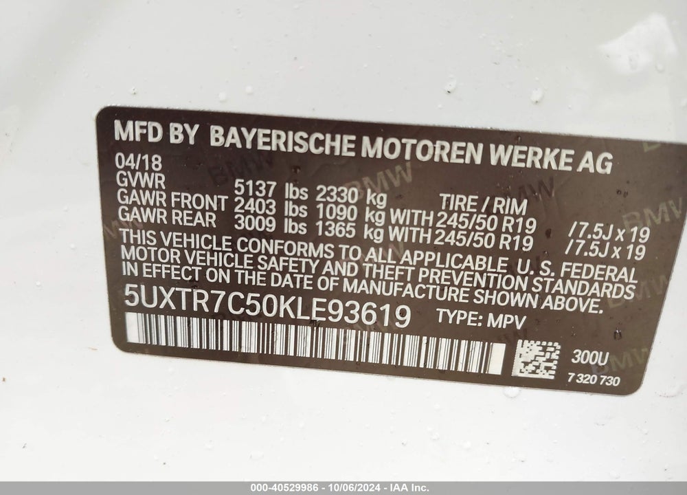 2019 BMW X3 SDRIVE30I VIN: 5UXTR7C50KLE93619