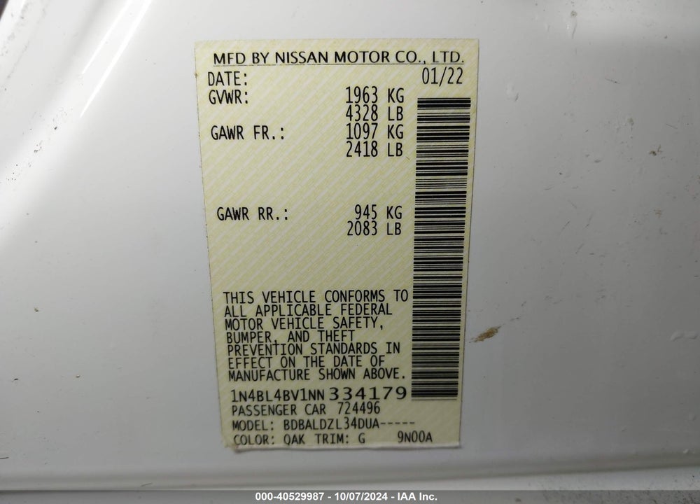 2022 NISSAN ALTIMA S FWD VIN: 1N4BL4BV1NN334179