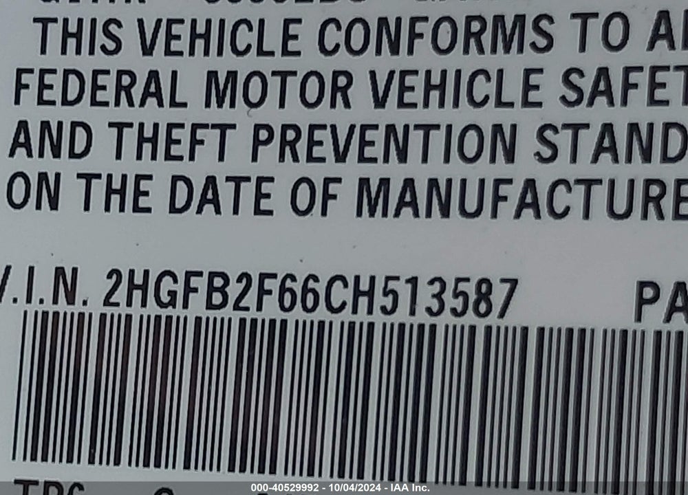 2012 HONDA CIVIC HF VIN: 2HGFB2F66CH513587