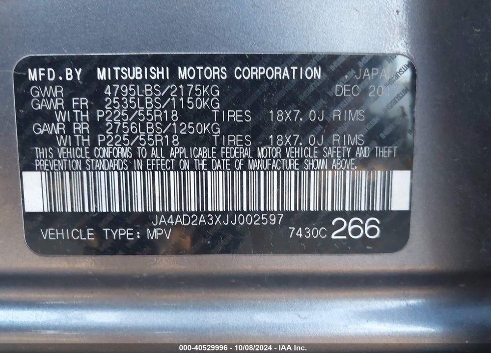 2018 MITSUBISHI OUTLANDER ES VIN: JA4AD2A3XJJ002597