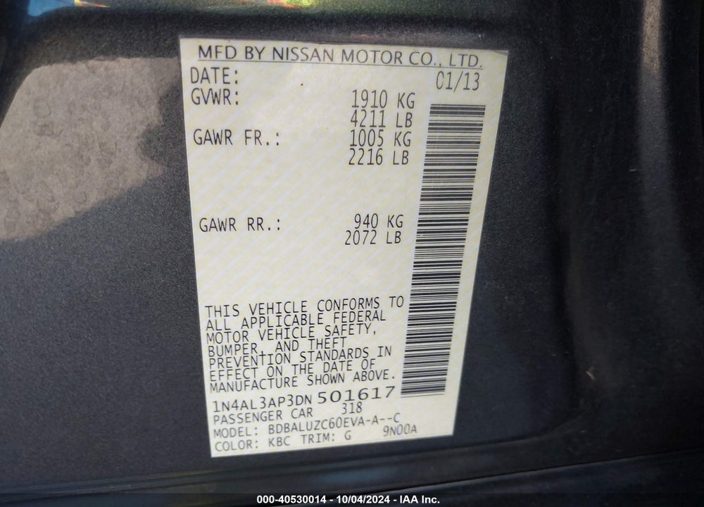 2013 NISSAN ALTIMA 2.5 SV VIN: 1N4AL3AP3DN501617