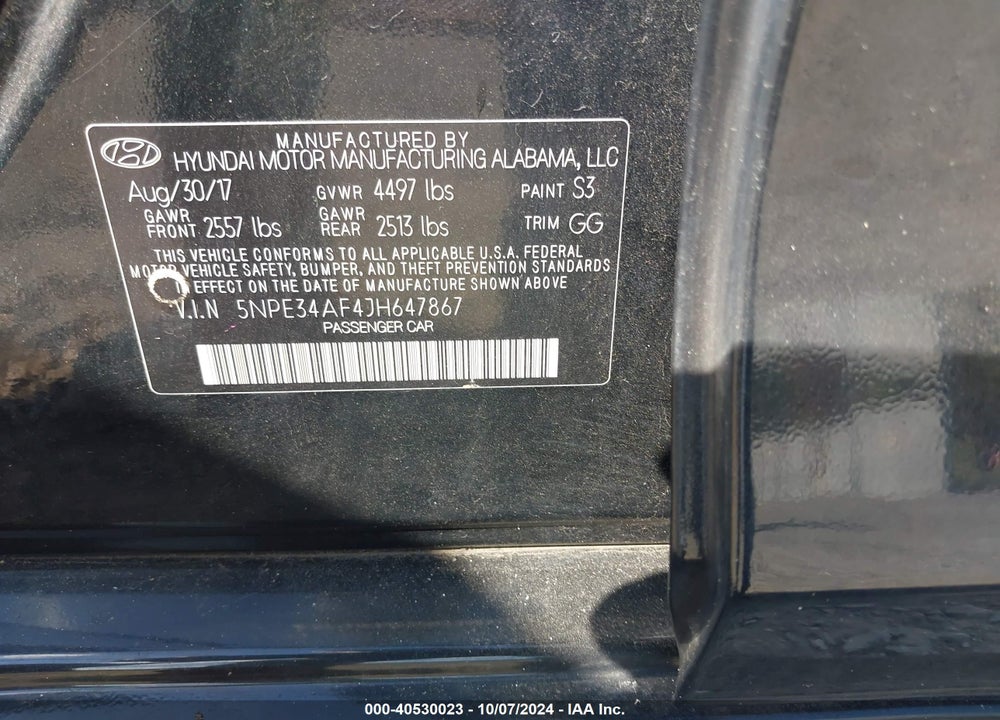 2018 HYUNDAI SONATA SEL VIN: 5NPE34AF4JH647867
