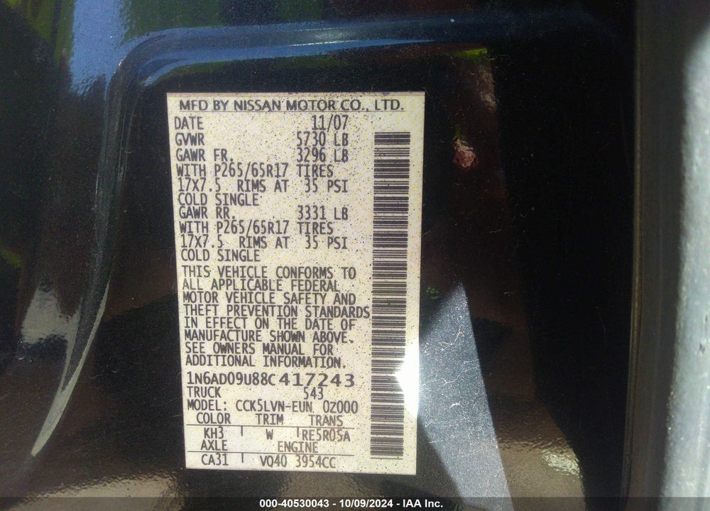 2008 NISSAN FRONTIER VIN: 1N6AD09U88C417243