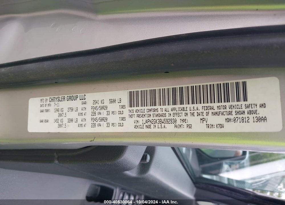 2011 JEEP LIBERTY SPORT VIN: 1J4PN2GK3BW592930