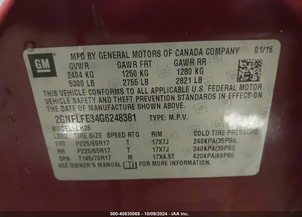 2016 CHEVROLET EQUINOX LT VIN: 2GNFLFE34G6248381