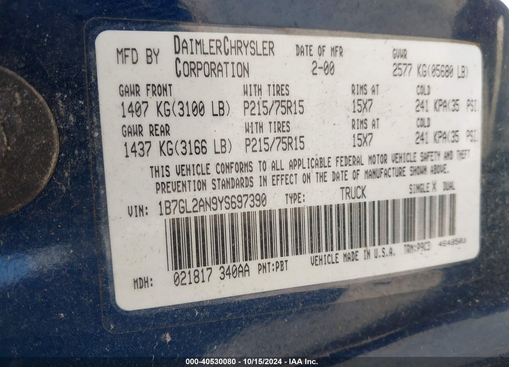 2000 DODGE DAKOTA SLT/SPORT VIN: 1B7GL2AN9YS697390