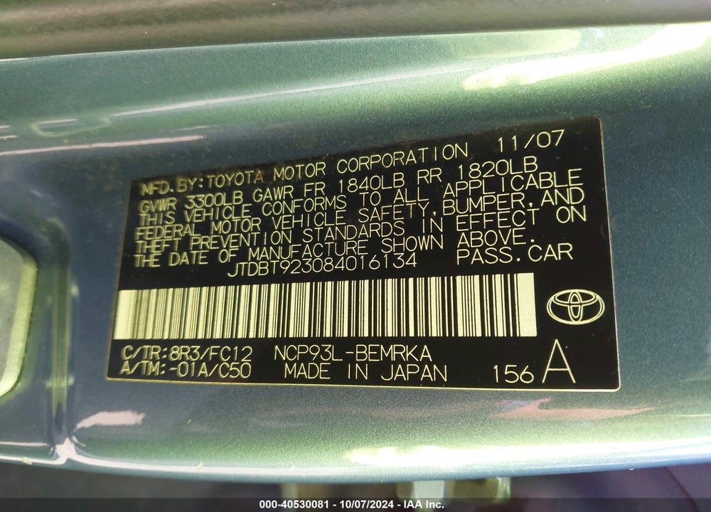 2008 TOYOTA YARIS VIN: JTDBT923084016134