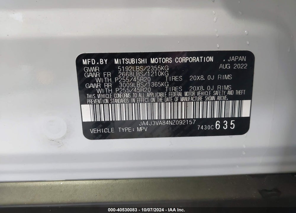 2022 MITSUBISHI OUTLANDER SEL 2.5 2WD/SEL SPECIAL EDITION 2WD VIN: JA4J3VA84NZ092157