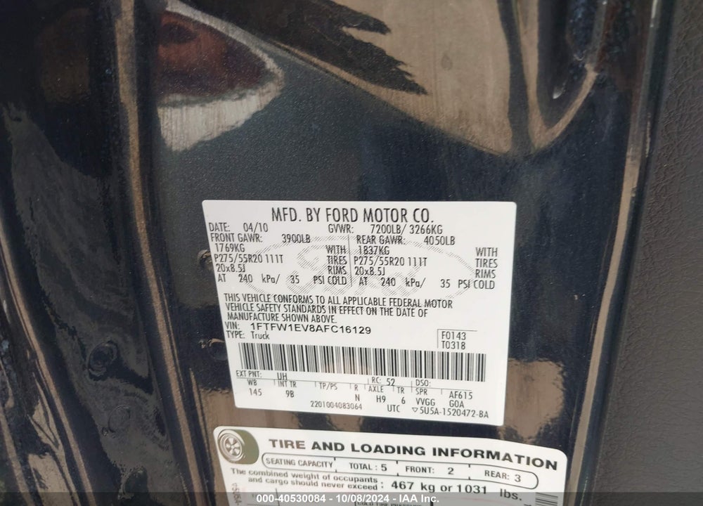2010 FORD F-150 VIN: 1FTFW1EV8AFC16129