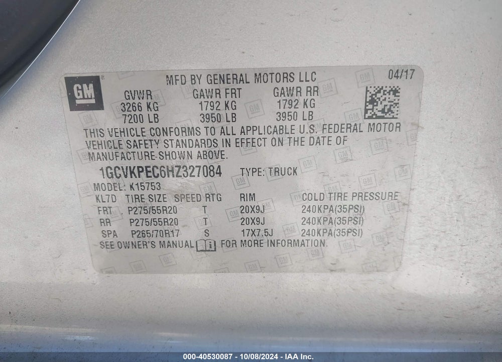 2017 CHEVROLET SILVERADO 1500 CUSTOM VIN: 1GCVKPEC6HZ327084