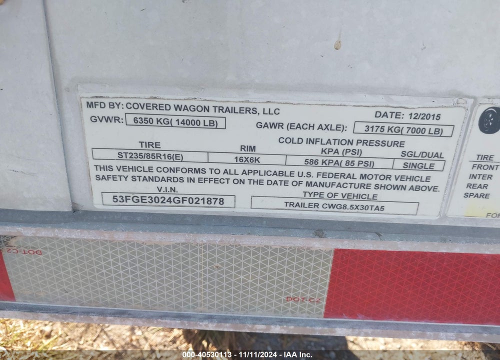 2016 COVERED WA ENCLOSED UTILITY VIN: 53FGE3024GF021878