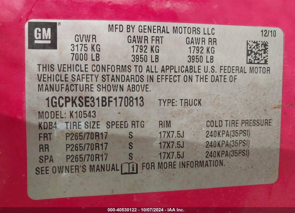 2011 CHEVROLET SILVERADO 1500 LT VIN: 1GCPKSE31BF170813