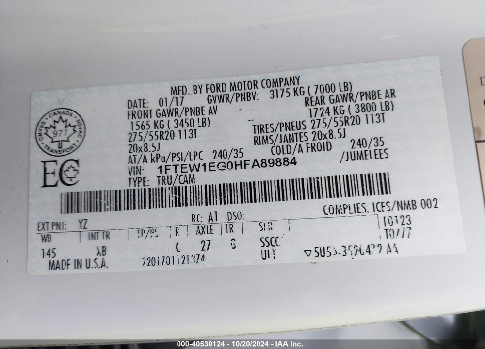 2017 FORD F-150 XLT VIN: 1FTEW1EG0HFA89884